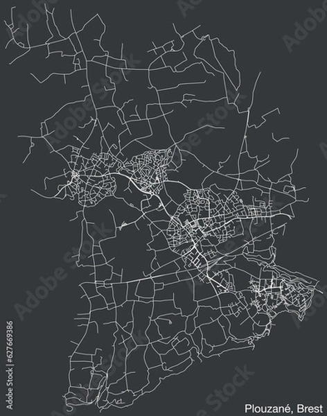 Fototapeta Detailed hand-drawn navigational urban street roads map of the PLOUZANÉ COMUNE of the French city of BREST, France with vivid road lines and name tag on solid background