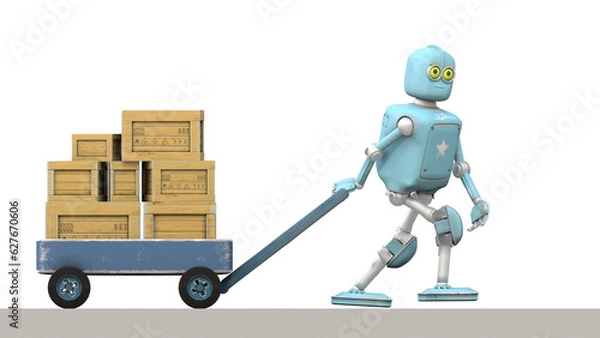Fototapeta Retro robot moving cart with boxes, 3D video render cartoon style, isolated on transparent background.