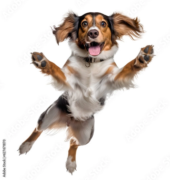 Obraz kooikerhondje dog jumping standing up happy on isolated background, generative ai