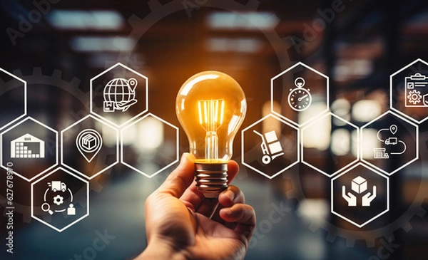 Fototapeta Supply Chain Management Concept: A Comprehensive Process of Planning, Organizing, and Controlling Resources to Satisfy Customer Needs with Efficient Flow and Storage of Goods and Services