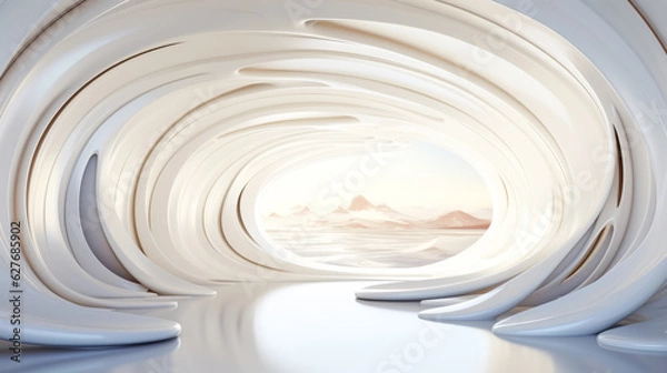 Fototapeta Incredible white fantasy interior background. Smooth lines, curves, space. AI generation