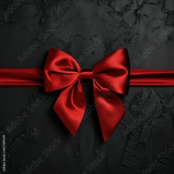 Fototapeta 3d realistic red bow on a black background. Greeting card and gift concept. generative ai