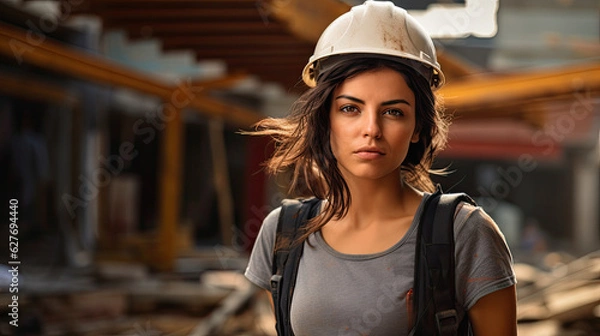 Fototapeta a young woman worker  working confidently at a construction site, ai generative