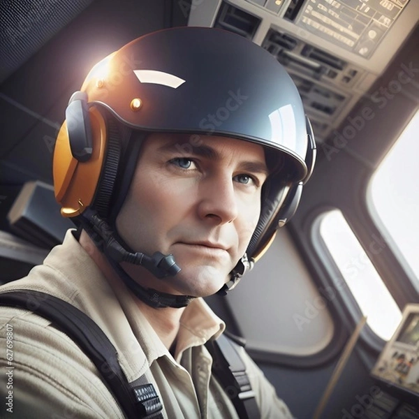 Fototapeta A jet pilot, in military uniform and helmet, in the cockpit of a supersonic aircraft.