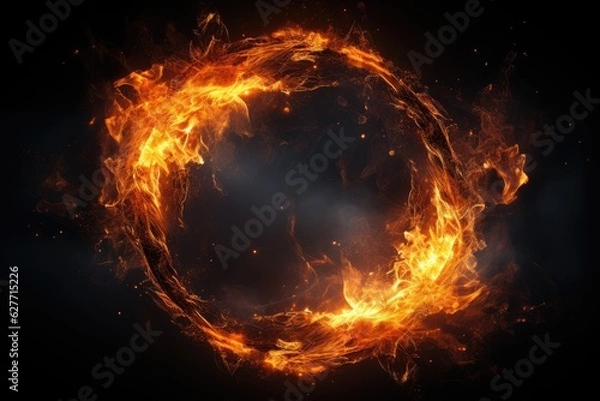 Fototapeta big circle with flames burning. a huge fire exploded. sparks on a dark background