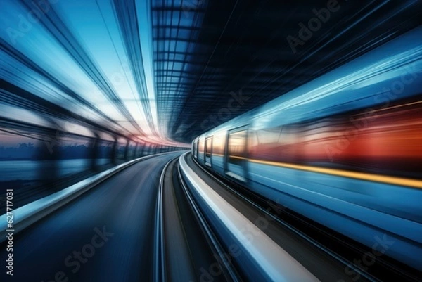 Fototapeta High-speed train in motion blur. Concept of speed and motion, Generative AI