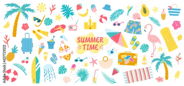 Fototapeta Big summer beach vacations set. Sea and ocean vacations accessories and play equipment. Vector summer illustrations set