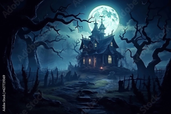 Fototapeta Halloween pumpkins near a tree in a cemetery with a scary house. Halloween background at night forest with moon and bats.
