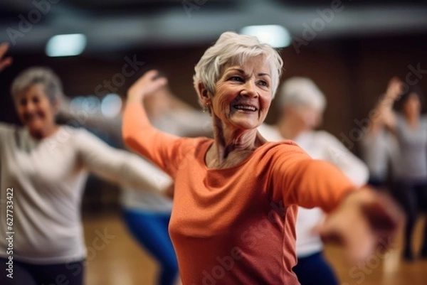 Fototapeta Group of smiling senior people dancing while enjoying activities in retirement home - concept