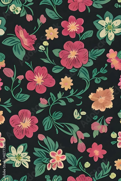 Fototapeta Сontemporary Spring Floral Pattern. Hand-drawn vector illustration. Spring flowers on black background. Seamless ornament for decor, wallpaper, gift paper, souvenir and patchwork design