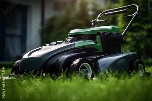 Fototapeta Green lawn mower for mowing grass in the backyard.
