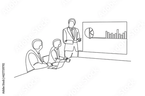 Fototapeta Continuous one line drawing business concepts of analytics, planning, marketing research, work communication, goal settings. Single line draw design vector graphic illustration.