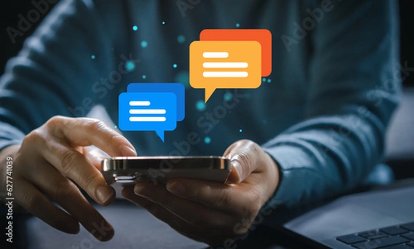 Fototapeta Human hand using smartphone typing Live chat chatting and social network concepts, chatting conversation working at home in chat box icons pop up. Social media marketing technology concept