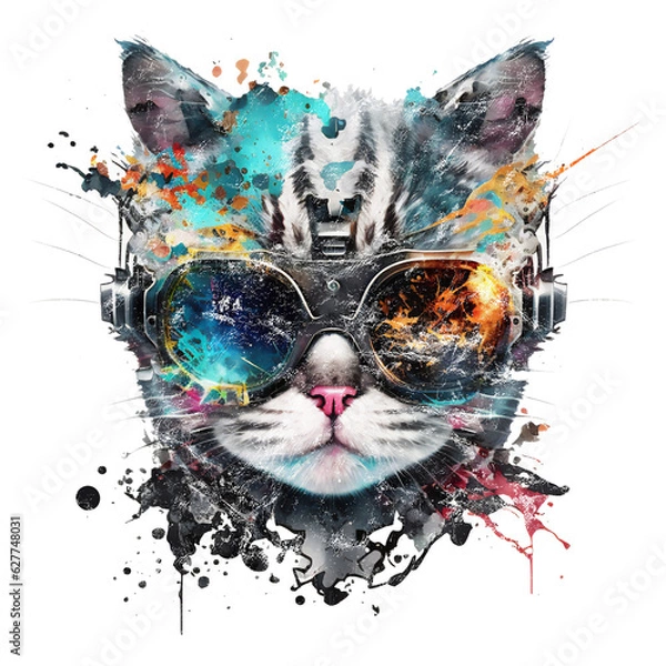 Fototapeta Cyberpunk cat, head, glasses, graffiti style, isolated, without background