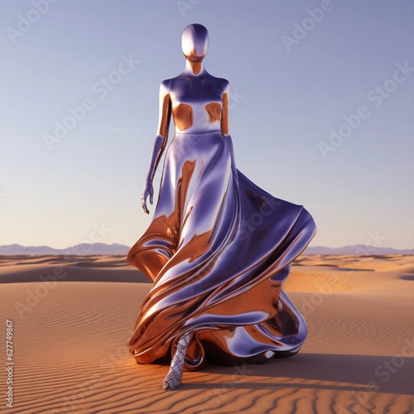 Fototapeta Generative ai feminine humanoid model editorial fashion posing desert
