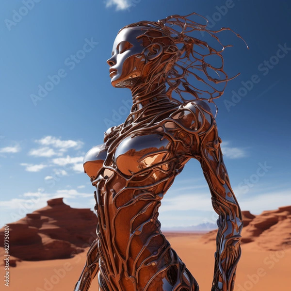 Fototapeta Generative ai feminine humanoid model editorial fashion posing desert