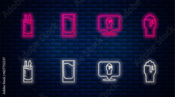 Fototapeta Set line Shot glass, Alcohol or beer bar location, Cocktail Bloody Mary and Glass of. Glowing neon icon on brick wall. Vector