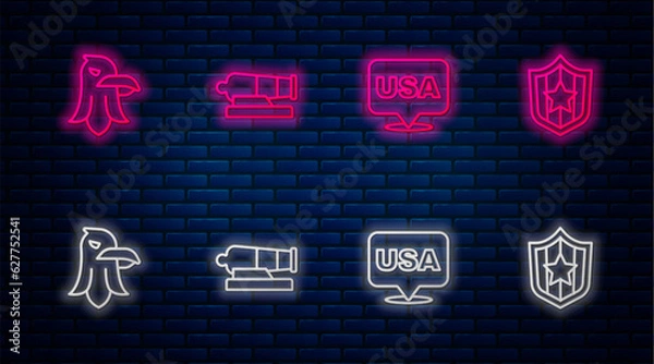 Fototapeta Set line Cannon, USA Independence day, Eagle and Shield with stars. Glowing neon icon on brick wall. Vector
