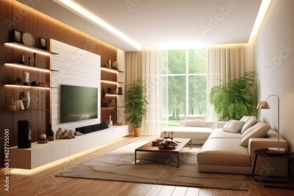 Fototapeta fabulous interior design of living room with details of couch and comfortable settings. luxurious furniture and high end design