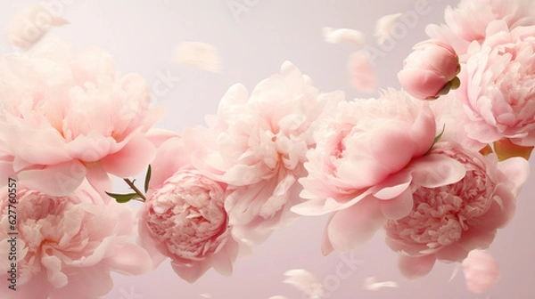 Fototapeta Many delicate tender pink big and small open and closed peony flowers and buds levitating on seamless pink surface. 