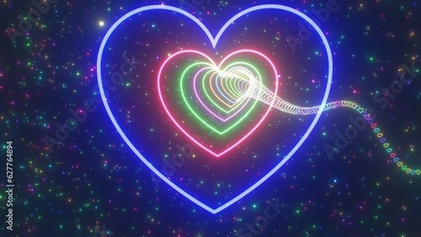 Fototapeta Zoom Fast Through Multicolored Bright Neon Glow Heart Tunnel In Space - Abstract Background Texture