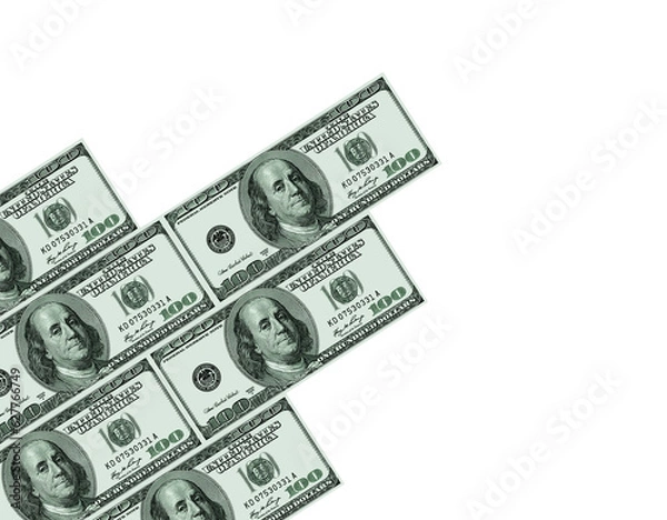 Obraz US hundred dollar bills arranged diagonally on a white background.