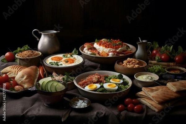 Fototapeta Healthy breakfast with fried eggs, vegetables, meat and toast on dark background