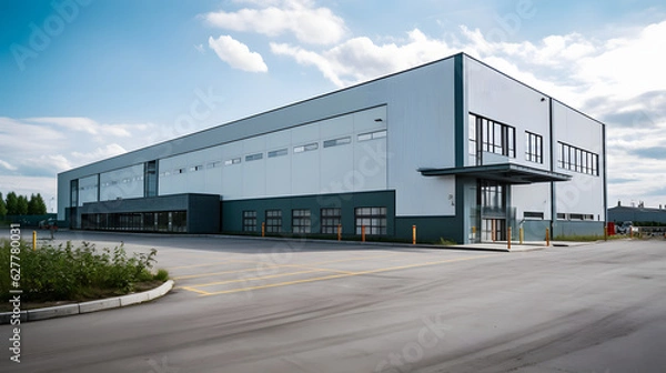 Fototapeta Logistics center, warehouse or large retail store under a blue sky. Generative AI