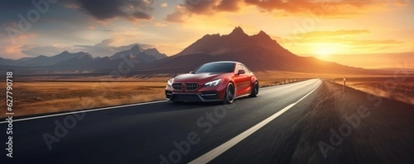 Obraz Fast sports car on road with shaped mountains in background, travel abroad concept, panorama.
