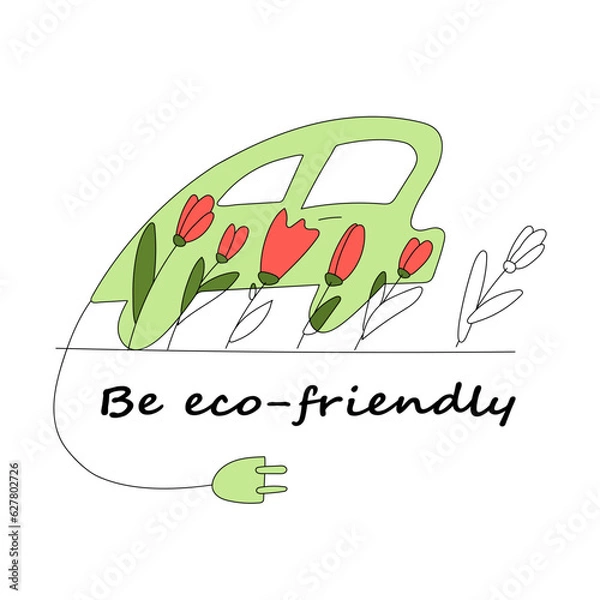 Fototapeta Conceptual drawing of a machine powered by electricity. Clean air no pollution. Life in harmony with nature