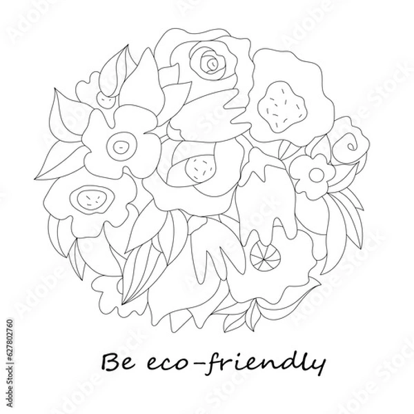 Fototapeta Unique ornament, drawing. Life in harmony with nature. Leaves, flowers, plants drawn with a line.