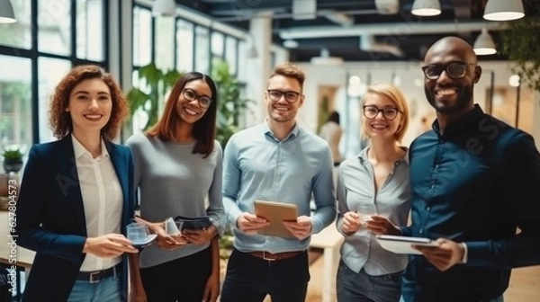 Fototapeta Smiling group of diverse young business people standing together in a modern office, Successful creative business team.