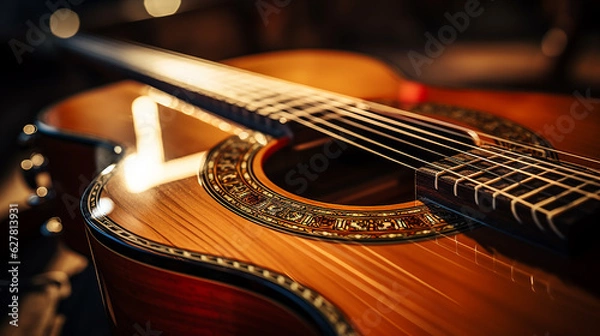 Obraz macro shot of metallic guitar strings with a pristine guitar in the backdrop - evoking musical creativity - generative AI