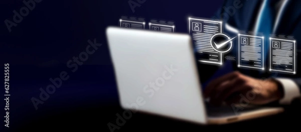 Obraz Business performance checklist, businessman using laptop doing online checklist survey, filling out digital form checklist, take an assessment, questionnaire, evaluation, online survey, online exam