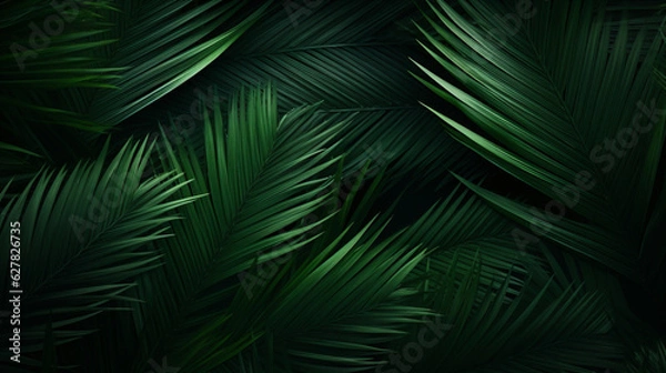 Fototapeta beautiful palm leaves in a wild tropical palm garden, dark green palm leaf texture concept full framed