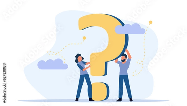Fototapeta Person people question mark answer vector illustration concept action. Advice ask business cartoon FAQ help man and woman background. Problem idea confusion human. Think banner support conversation