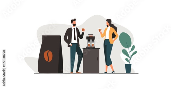 Obraz Business man and woman enjoying coffee near the coffee machine. Concept of office and home coffee break. Advertisement of new coffee in packaging. Flat illustration.