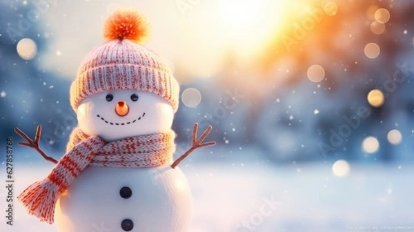 Fototapeta Christmas winter background. Snowman standing on the snow bokeh by sunlight. copy space