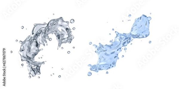 Fototapeta Transparent blue water splashes and ripples with drops. Liquids splashing fluid with droplets, realistic isolated, transparent cool drink, transparent water falling or pouring with air bubbles.