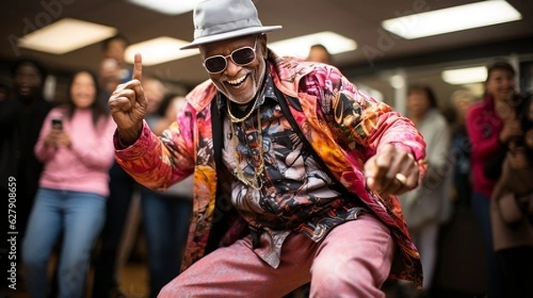 Fototapeta A Seasoned Groove: An Elderly Participant Shines in a Hip-Hop Dance-Off. Timeless Moves, Breaking Stereotypes with Graceful Rhythm. Embracing the Beat, Spreading Joy and Inspiring All Ages.