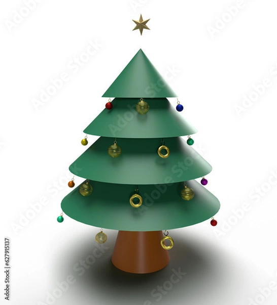 Fototapeta Tree pine object character cartoon star shape ball gift sphere box red golden metal decoration ornament system merry christmas xmas happy new year 2024 2025 december winter time calendar snowflake 