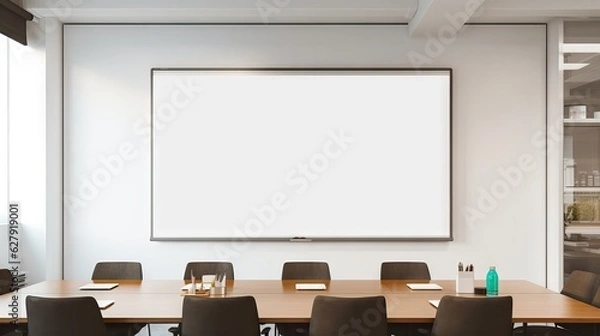 Fototapeta A pristine whiteboard in a modern meeting room, ready for ideas and brainstorming. Generative AI