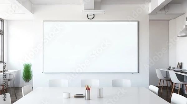 Fototapeta A pristine whiteboard in a modern meeting room, ready for ideas and brainstorming. Generative AI