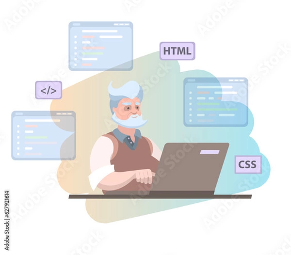 Fototapeta a man in his 50s works as a programmer in the office and develops applications