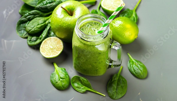 Fototapeta Healthy green smoothie in mason jar and ingredients. Superfoods, detox, diet, healthy food. Lime, apple, spinach, avocado and lime. Green food background.
