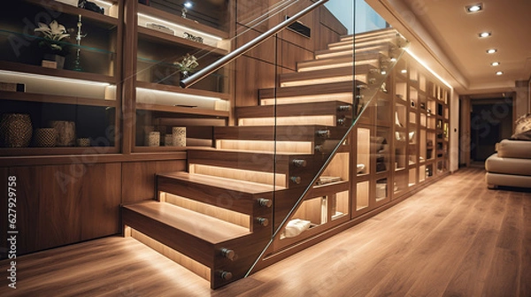 Obraz The multi-storey house boasts a well-designed hallway with elegant stairs, and the pullout cabinets offer ample storage solutions without compromising on style.