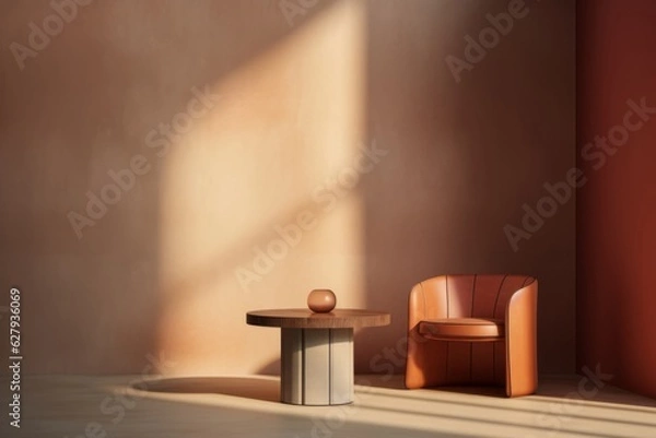 Obraz The Comfort of Home, Hazy Light, Leather Chair, and the Warmth of Light Orange and Bronze Minimalist, generative ai