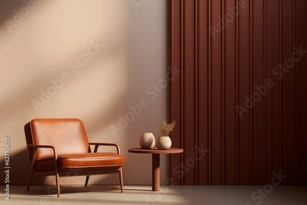 Fototapeta The Comfort of Home, Hazy Light, Leather Chair, and the Warmth of Light Orange and Bronze Minimalist, generative ai