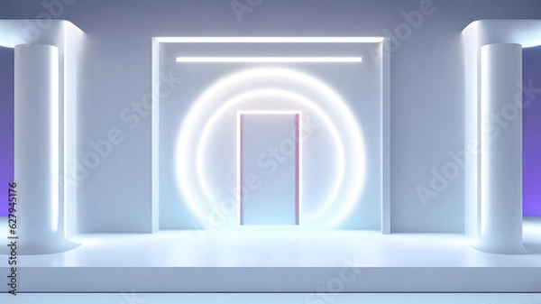 Fototapeta モダンな表彰台、ネオンのバックライト、未来的な背景｜modern podium. Neon backlight. Futuristic background.Generative AI