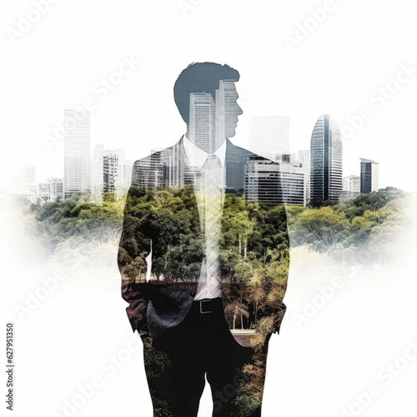 Fototapeta Double exposure business man with city and forest